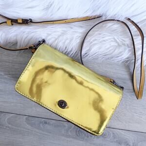 Coach 1941 Metallic Yellow Dinky Turnlock Hi Shine Leather Crossbody Bag